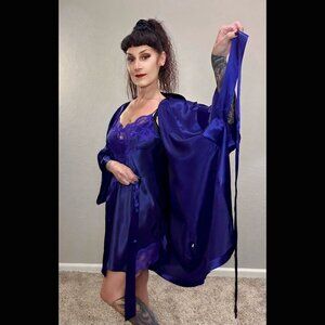 90s Victoria's Secret Dark Purple 2pc set Kimono Chemise Slip Dress Lingerie L